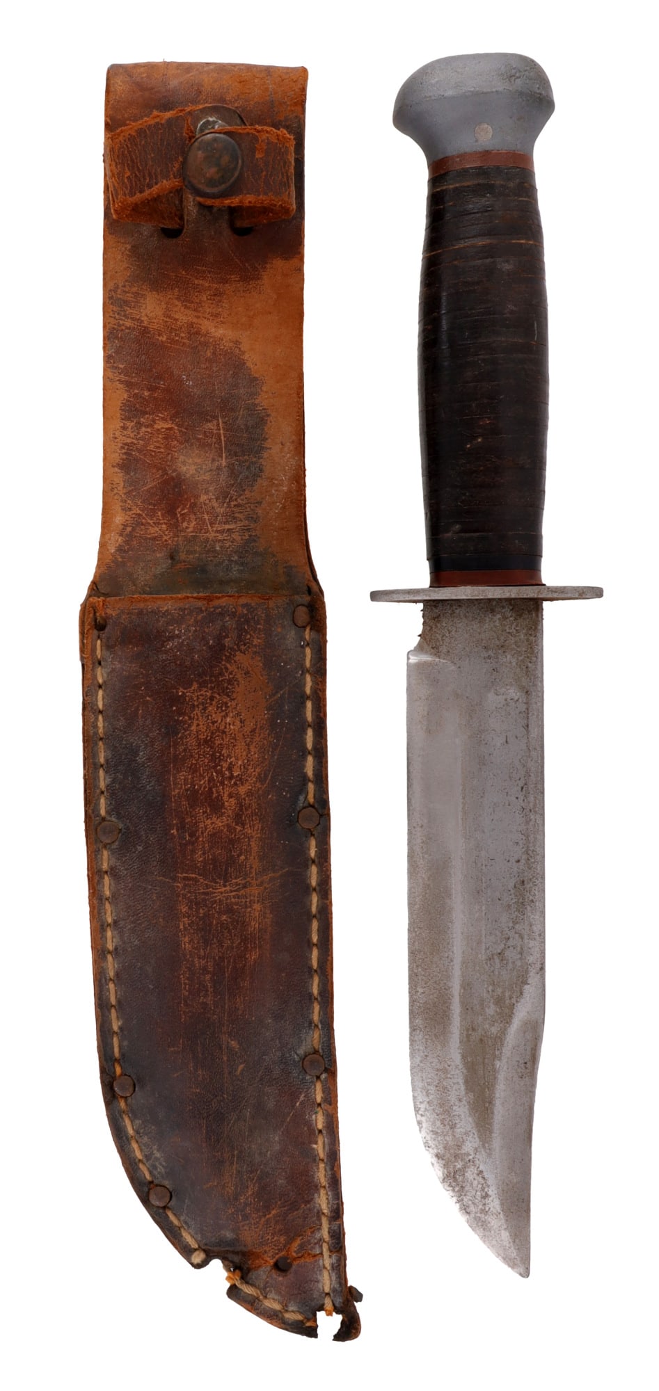 WWII PAL RH 36 FIGHTING KNIFE WITH SCABBARD: PAL RH36 fighting knife with scabbard. Blade 6-3/16 inches. Overall 11-1/16 inches. Good condition. Scabbard shows loss at tip.