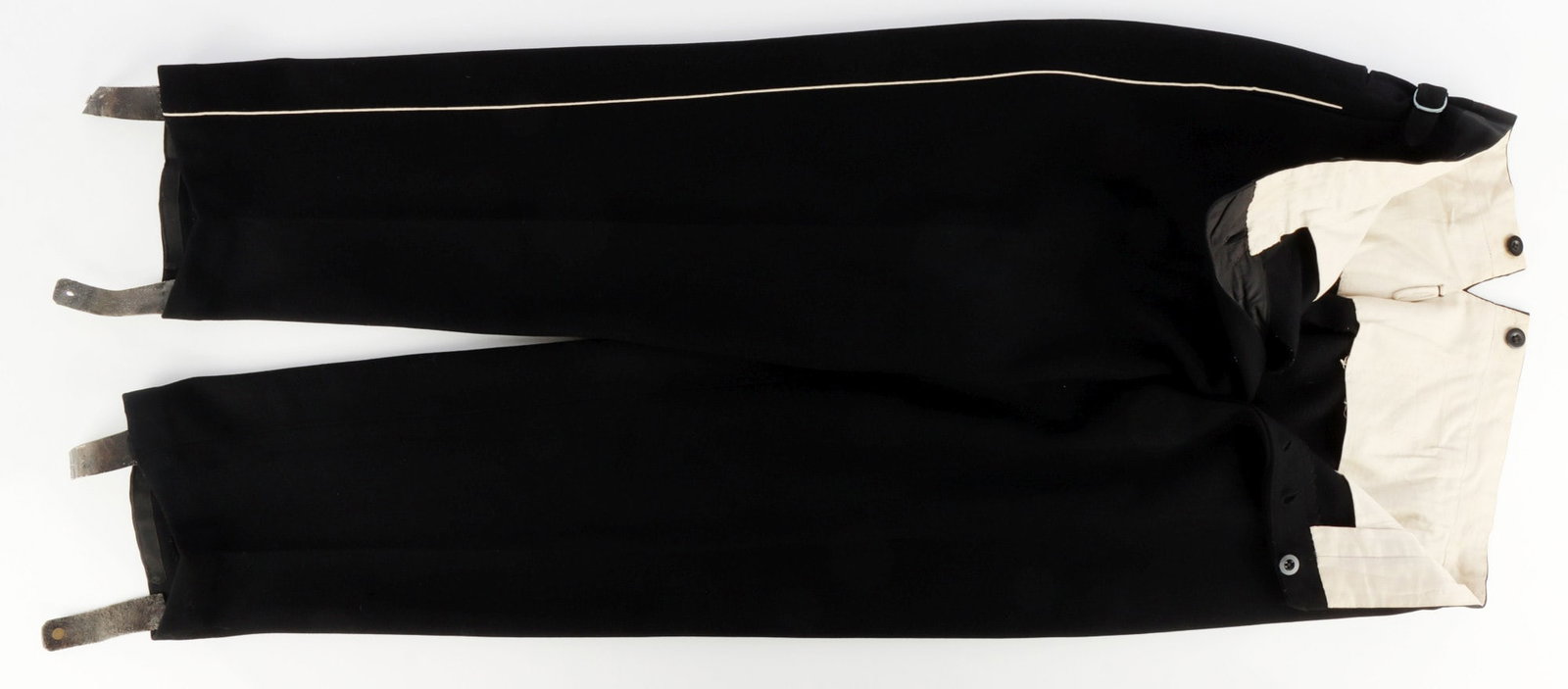 ALLGEMEINE SS TROUSERS WWII GERMAN: Pair of black Allgemeine SS trousers. Wool construction with white lining. Mostly free of damage. They measure 42 3/4 inches long. Waist is 33 inches. This lot has a reserve.