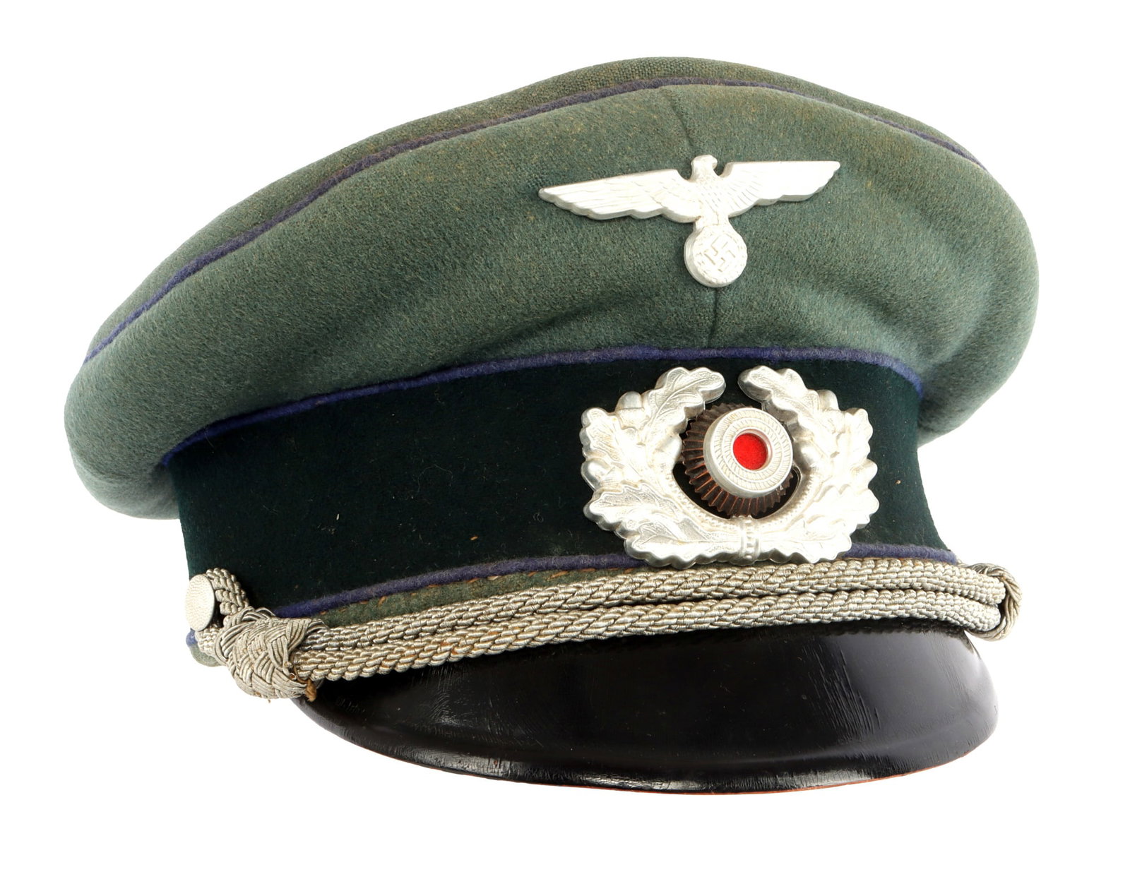 WWII GERMAN HEER MEDICAL OFFICER'S VISOR CAP: Visor cap of field gray wool with blue piping and dark green band, with bullion wire chinstrap. Aluminum eagle insignia, marked on reverse "B&N 38." Rayon liner with celluloid sweat diamond. Leather s