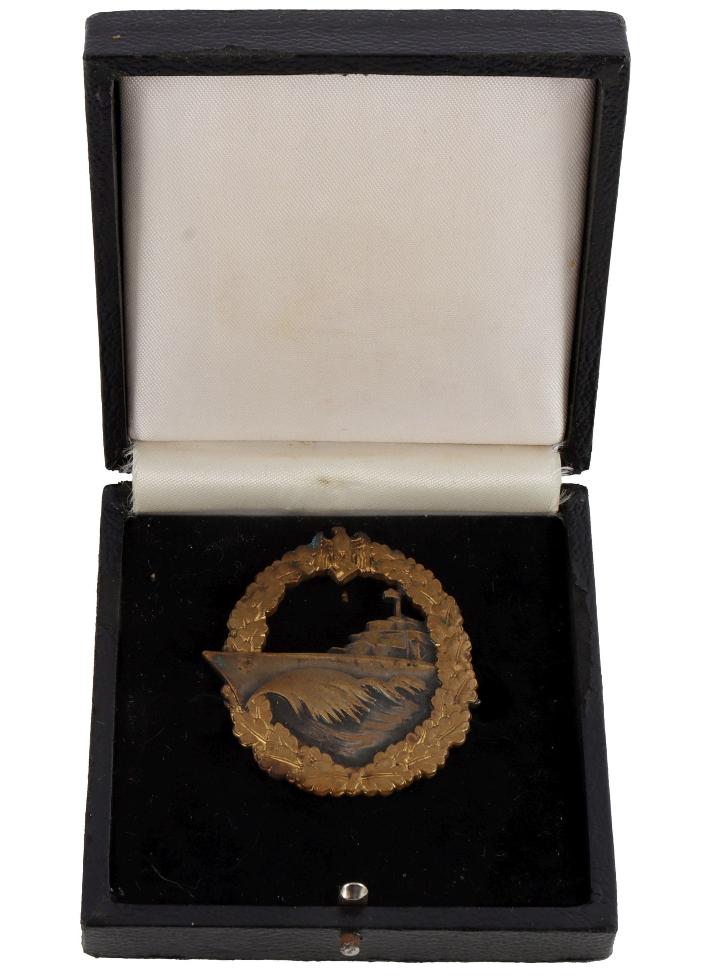 WWII GERMAN CASED KRIEGSMARINE DESTROYER BADGE: Reverse has vertical hook and horizontal tapered pin with flat wire catch. Marked "Schwerin Berlin 68." Height 2-1/8. Width 1-3/4 inches. Very good condition.