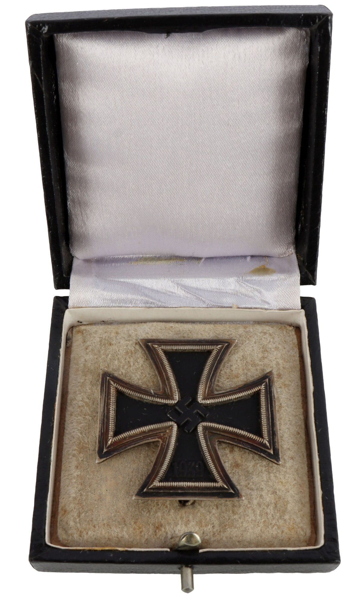 WWII GERMAN IRON CROSS FIRST CLASS EK1 S&L: Iron Cross, First Class. Multi-piece, silvered frame with magnetic core. Reverse has slightly tapered vertical pin with sheet metal catch. Marked "4" below catch, likely Steinhauer & Luck. Reverse per