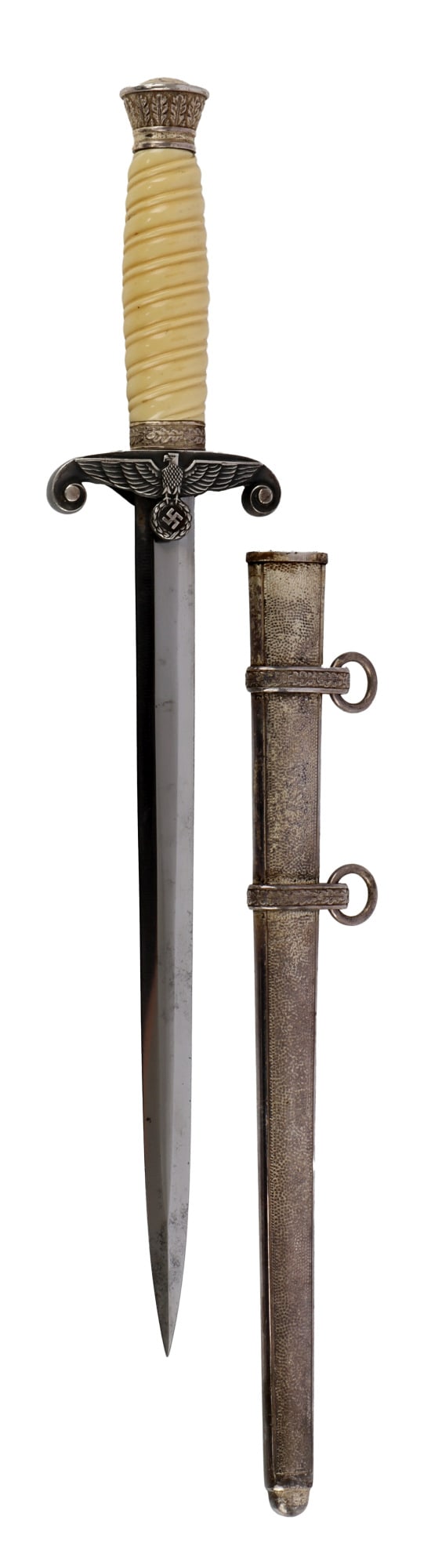 WWII GERMAN HEER OFFICER'S DAGGER EICKHORN: Heer officer's dagger with scabbard. Nickel-plated steel blade. Ricasso has acid-etched Eickhorn squirrel maker's mark. Blade 10.25 inches. Overall 14.75 inches. Very good condition. Cross guard is a