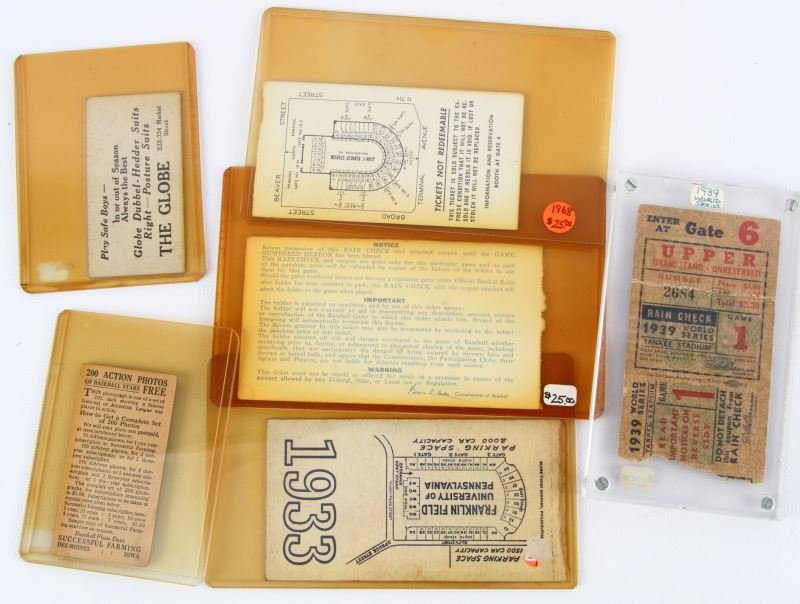 1939 WORLD SERIES 1933 ARMY NAVY & 1920'S BASEBALL: Ticket and card lot ex-dealer stock, consisting of 1939 World Series game 1 ticket stub about good, 1933 complete Army Navy ticket, very good, 1968 Army Navy ticket stub very good, Bobbie Byrne c.1920