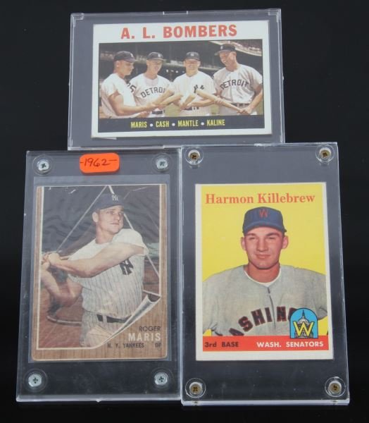 GOLD BASEBALL CARDS MARIS KILLEBREW A.L. BOMBERS: Maris 1 well centered 5/6, Killebrew near mint Topps 288, A.L. Bombers Maris, Cash, Mantle, Kaline, nicely centered 5/6.