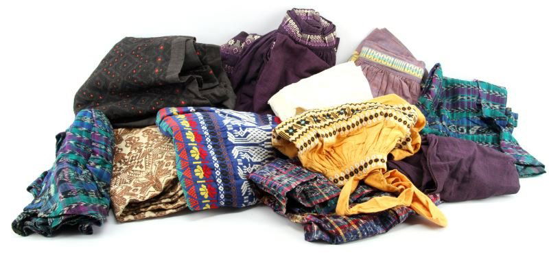 ANTIQUE GUATEMALA HUIPIL TIPICA TEXTILE: Westernized clothing made of Guatemala fabrics and worn/used in 1955 by American and European residents as well as native non-Mayan Indian Guatemaltecans. Includes 6 ladies skirts, ladies dress, table