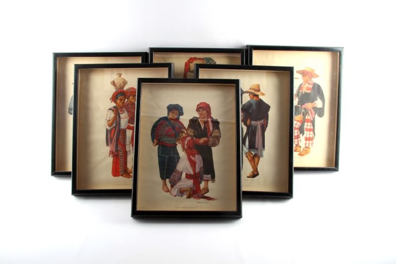 SIX FRAMED PRINTS TRADITIONAL GUATEMALAN COSTUME: Six framed lithograph prints of traditional Guatemalan dress, circa 1950's. Each print depicts a different geographical region of the Mayan Indians including: Solola, San Martin Chile Verde, Santiago 