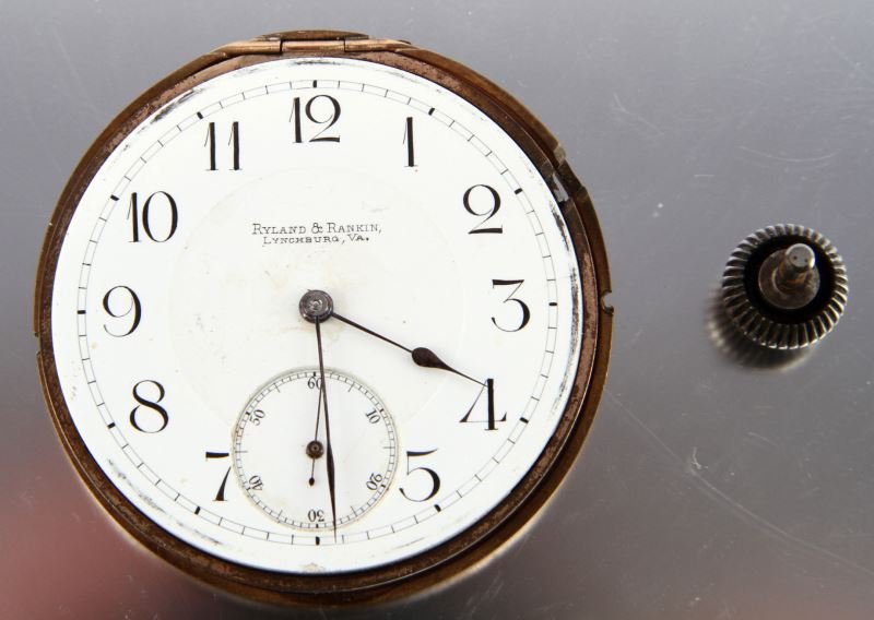 VINTAGE RYLAND & RANKIN POCKETWATCH MOVEMENT: Late 1800's, serial number 706975, jeweled movement, lever-set. Marked "Ryland & Rankin, Lynchburg, Va., safety pinion adjusted." Movement running. As-is.