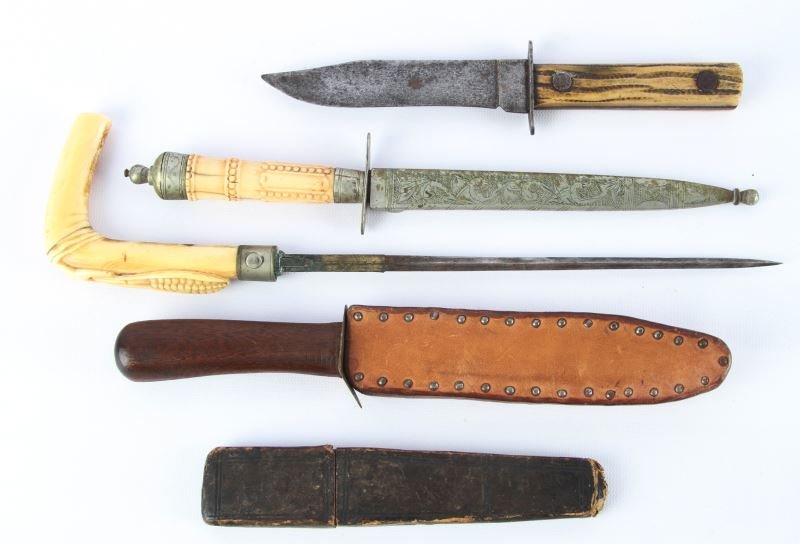 LOT OF 5 HAND-MADE & VINTAGE BLADES: Grouping of five various vintage blades. Carved bone-handle spike cane handle; unmarked hand-made stiletto dagger with bone-handle, and engraved scabbard; unmarked hand-made clip-point file knife, wit