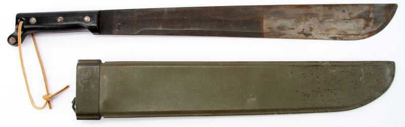 WWII USMC MACHETE MK 2 SWI 1944 IN SCABBARD: WWII USMC MK2, dated 1944 and marked S. W. I., in 1945 dated fiberglass scabbard. Overall very good condition.