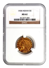 1908 MS62 GRADED GOLD INDIAN HEAD $5 COIN