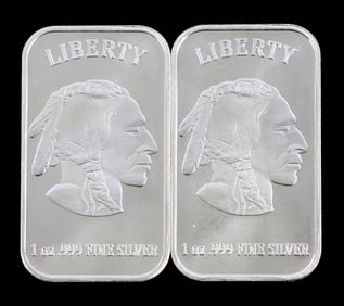 TWO 1 OZT .999 SILVER BULLION BAR INDIAN HEAD