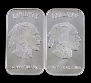 TWO 1 OZT .999 SILVER BULLION BAR INDIAN HEAD