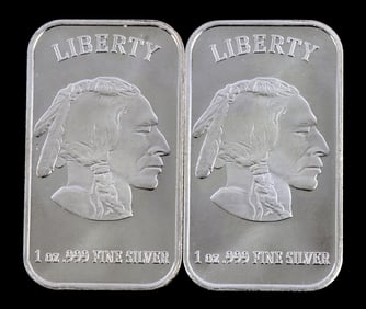 TWO 1 OZT .999 SILVER BULLION BAR INDIAN HEAD