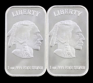 TWO 1 OZT .999 SILVER BULLION BAR INDIAN HEAD