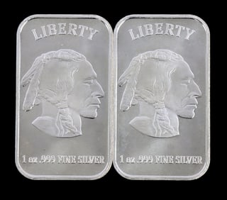 TWO 1 OZT .999 SILVER BULLION BAR INDIAN HEADS