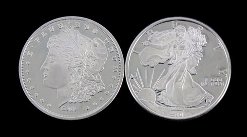 TWO 1 OZT .999 SILVER ROUNDS MIXED DESIGN