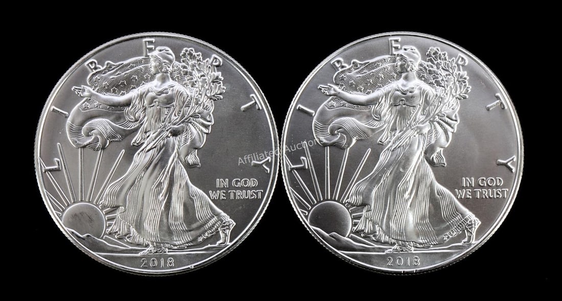 2 ONE OUNCE AMERICAN SILVER EAGLES 2018: Brilliant uncirculated. This lot reserved at melt.