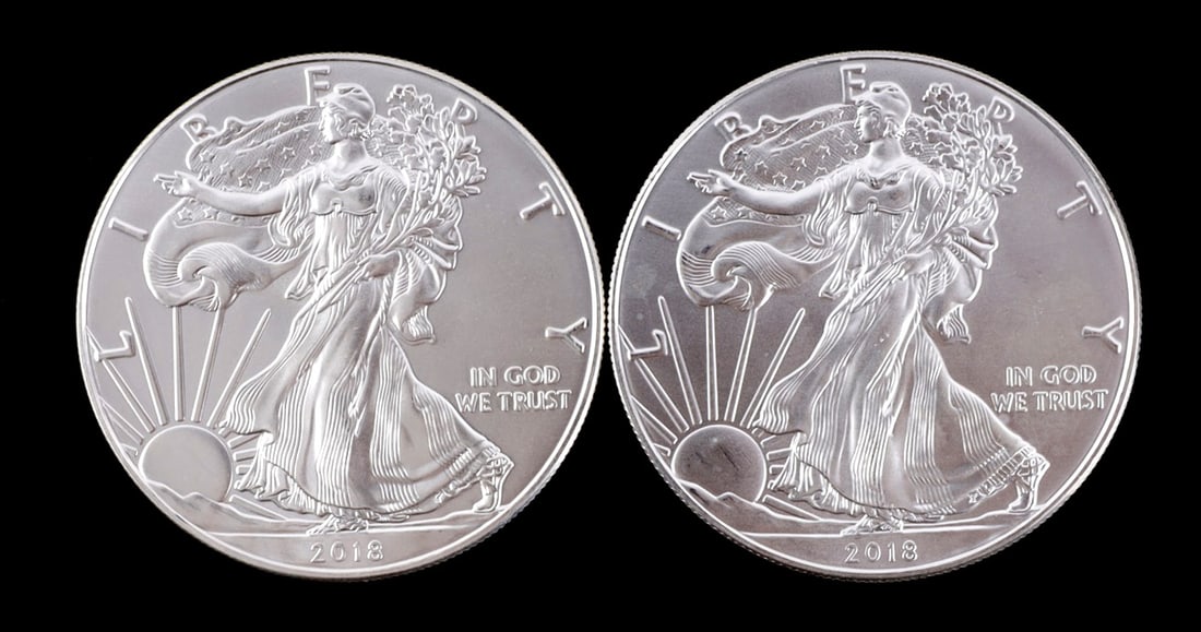 2 ONE OUNCE AMERICAN SILVER EAGLES 2018: Brilliant uncirculated. This lot reserved at melt.
