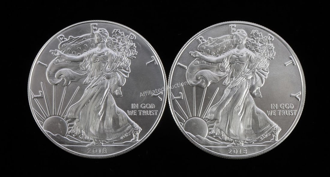 2 ONE OUNCE AMERICAN SILVER EAGLES 2018: Brilliant uncirculated. This lot reserved at melt.