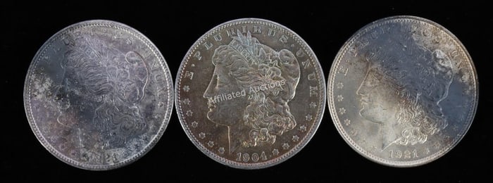 3 MINT STATE MORGAN SILVER DOLLARS 1904 1921