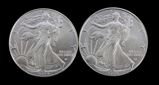 TWO 1 OZT .999 SILVER EAGLE COINS BU 2024