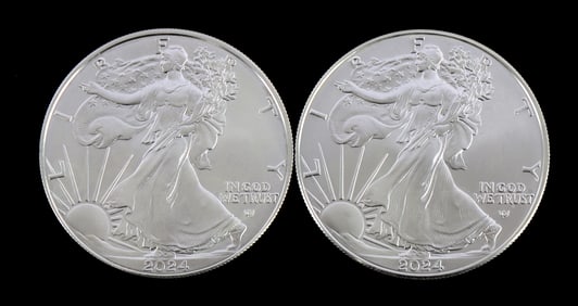TWO 1 OZT .999 SILVER EAGLE COINS BU 2024