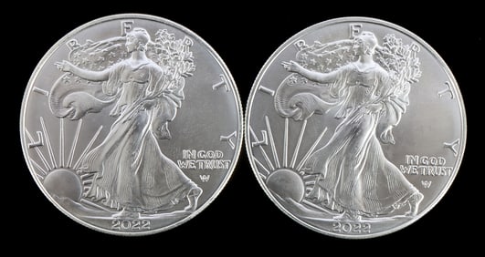 TWO SILVER EAGLES 1 OZT .999 SILVER 2022