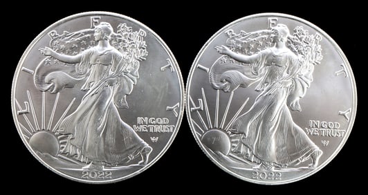 TWO SILVER EAGLES 1 OZT .999 SILVER 2022