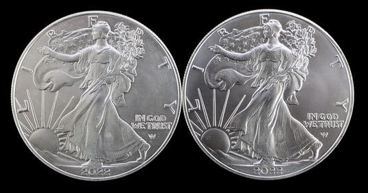 TWO SILVER EAGLES 1 OZT .999 SILVER 2022