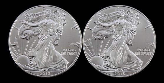US .999 1 OZT SILVER EAGLES 2015 BU LOT OF 2