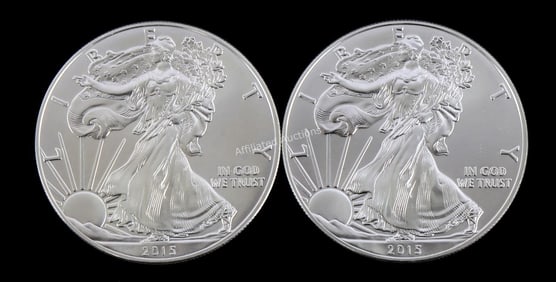 US .999 1 OZT SILVER EAGLES 2015 BU LOT OF 2