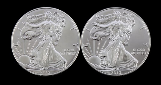 US .999 1 OZT SILVER EAGLES 2015 BU LOT OF 2