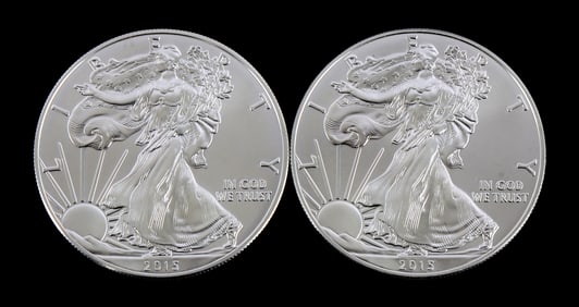 US .999 1 OZT SILVER EAGLES 2015 BU LOT OF 2