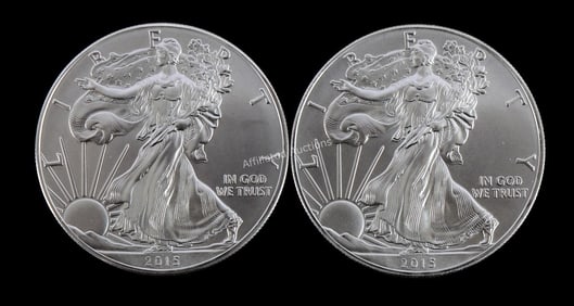 US .999 1 OZT SILVER EAGLES 2015 BU LOT OF 2