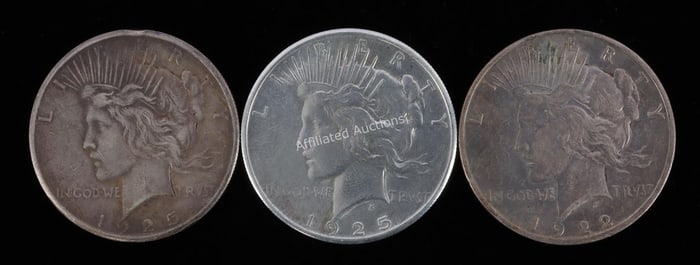 US 90% SILVER PEACE DOLLAR 1922 & 1925 LOT OF 3