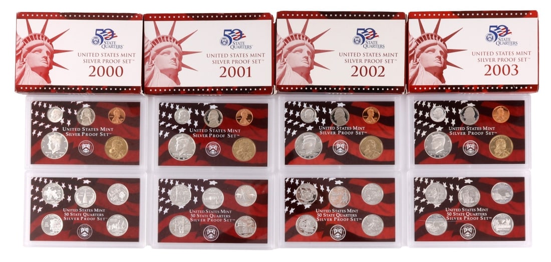 US SILVER MINT PROOF SET 2000-2003: Brilliant uncirculated. This lot reserved at melt.