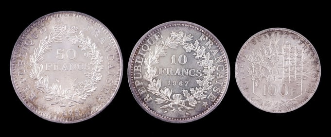 FRENCH .900 SILVER THREE FRANC DENOMINATION COINS