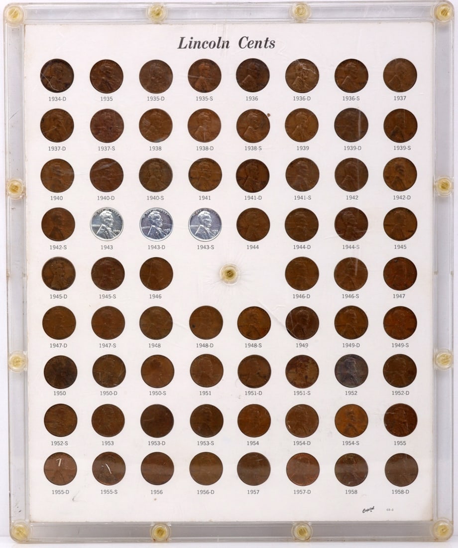 WHEAT PENNY SET 1934-1958 COMPLETE 72 COIN SET: Lot of 72 Lincoln cents in display case. Complete set of wheat pennies, includes 1934-D through 1958-D. Circulated.