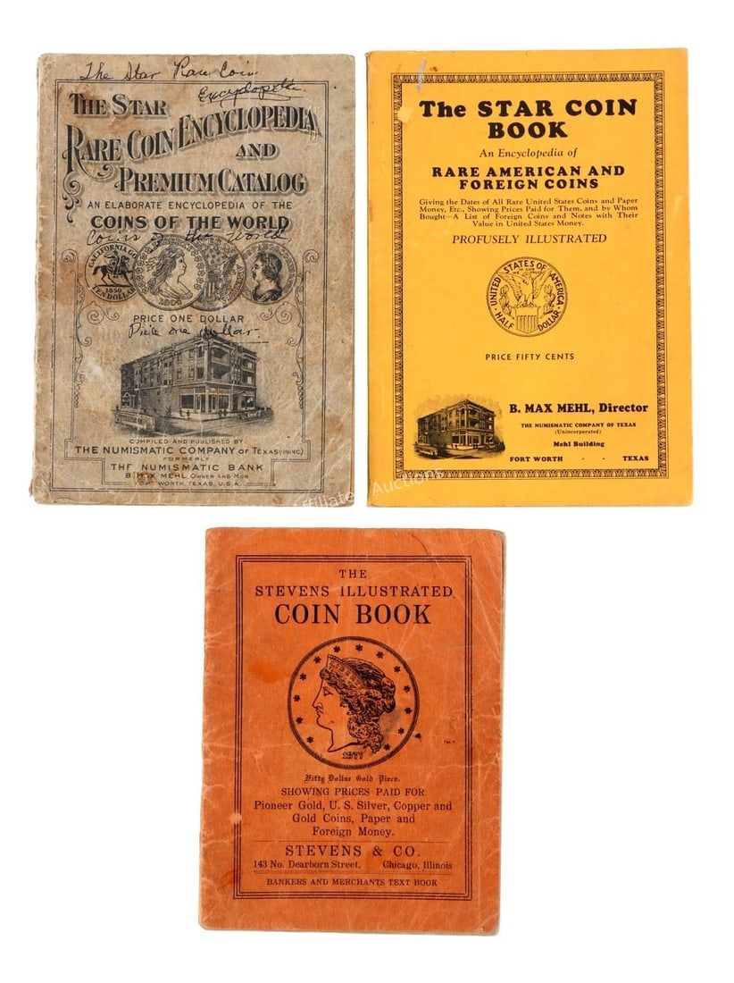 STAR RARE COIN ENCYCLOPEDIA REFERENCE BOOK LOT 3: Lot of three (3) antique coin reference books. Includes the 34th and 43rd editions of the Star Rare Coin Encyclopedia and Premium Catalog, and the Stevens Illustrated Coin Book for the year 1912. Good