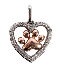 10K GOLD & SILVER DOG PAW & HEART PENDANT