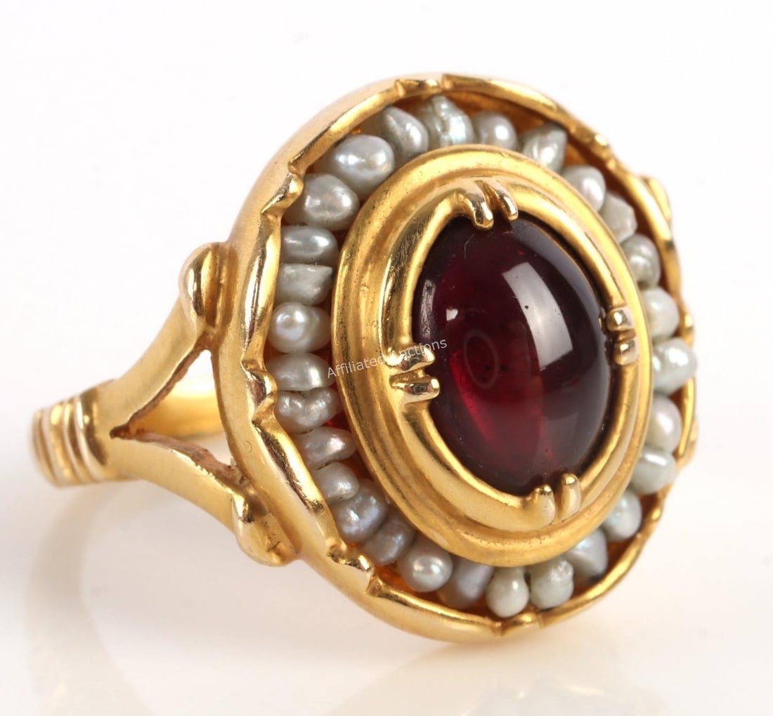 14K YELLOW GOLD GARNET SEED PEARL RING SZ 5.75: Reproduction of a piece in the collection at the Metropolitan Museum of Art. Stamped "1992 MMA CLEO 14K 585". Total weight 6.54 grams. In very good condition without damage to stones or settings. This
