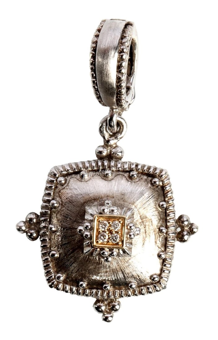 18K GOLD & SILVER SQUARE PENDANT FROM GABRIEL & CO: A square pendant from Gabriel & Co, made from .925 silver and 18K gold. .5 inches. Very good, original condition. This lot has a reserve.