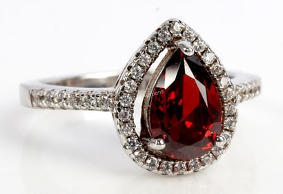 .925 SILVER RING WITH RED TEARDROP GEMSTONE