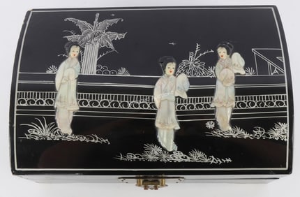 CHINESE MOTHER OF PEARL LADY FIGURALS JEWELRY BOX