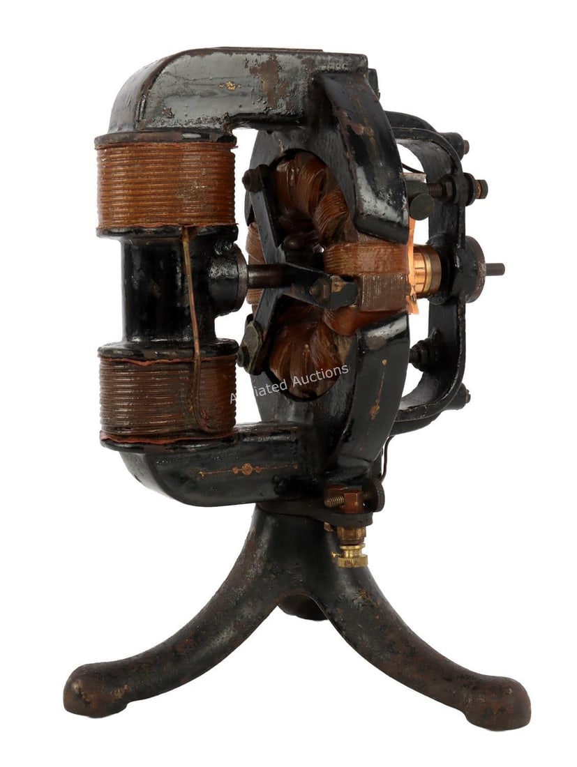 EARLY EDISON MFG. CO. BI-POLAR ELECTRIC FAN MOTOR: Thomas Edison bi-polar electric fan motor, ca. 1895. Cast iron frame with Thomas A. Edison script trademark in gold paint. Top of frame has data plate stamped "Manufactured By Edison Mfg. Co, Thomas A