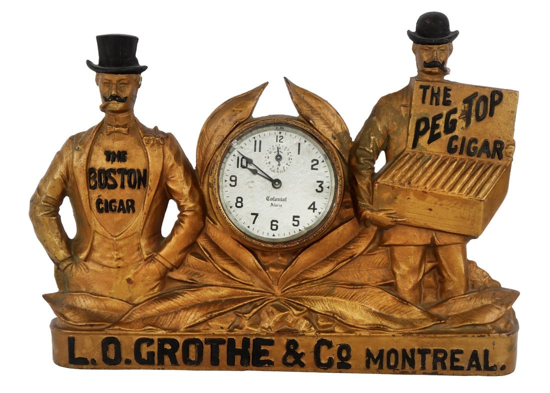 L O GROTHE CIGAR ADVERTISING CLOCK BOSTON & PEG TOP: An advertising clock by the L. O. Grothe company, depicting two gentlemen and advertising for Boston Cigars and Peg-Top Cigars. The clock is not running, but appears intact mechanically. Very good, or