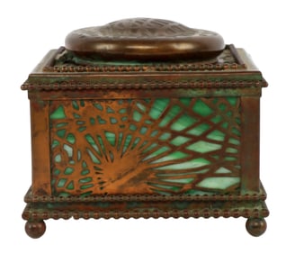TIFFANY STUDIOS PINE NEEDLE BRONZE & GLASS INKWELL