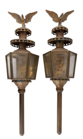 TWO BRASS EAGLE CARRIAGE LAMP LANTERNS