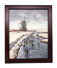 JOSEPH BROCKEN WINDMILL ICE SKATING WINTER SCENE