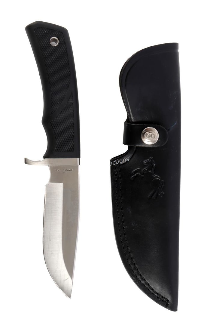 COLT BRAND KNIFE WITH SHEATH: Total item length is 9 inches. Some verdigris on the scabbard. Very good, original condition.